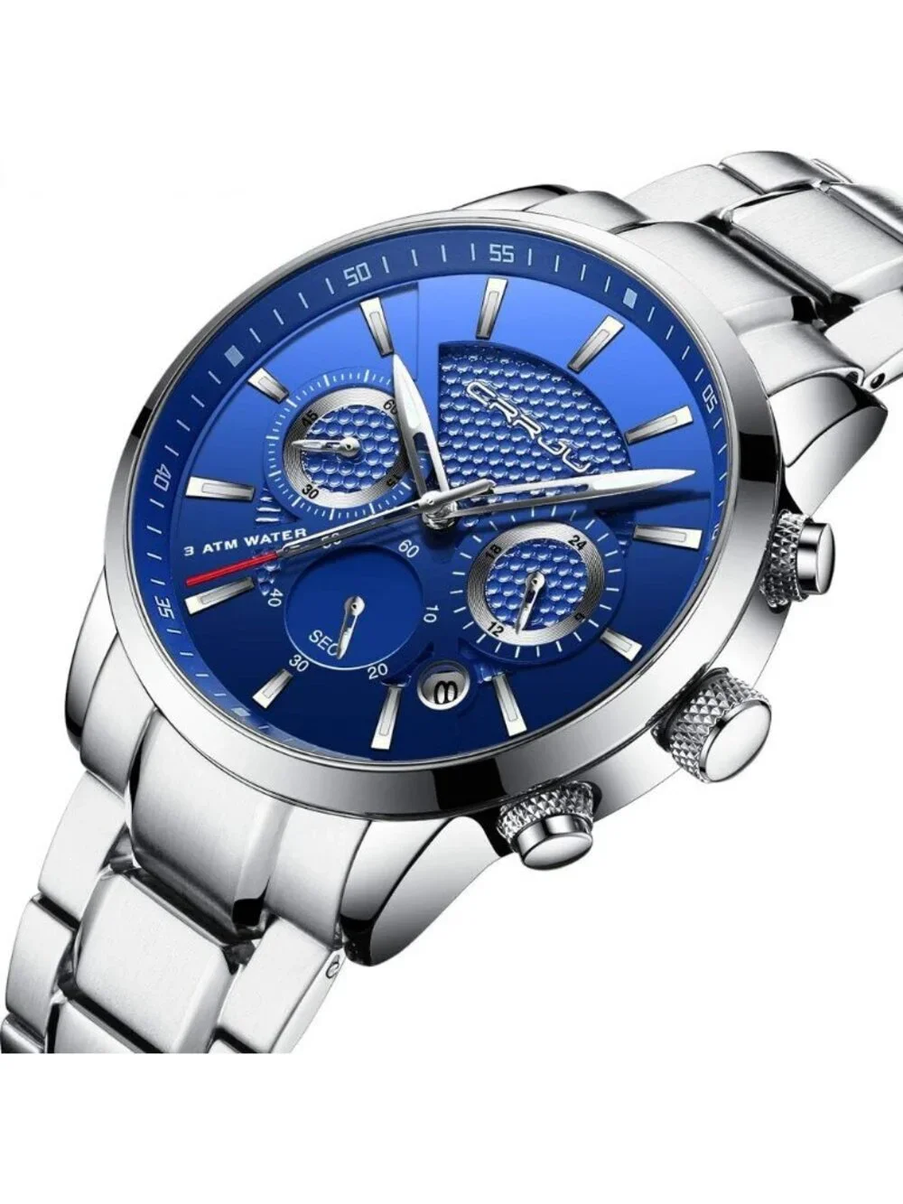 Men's Silver Blue Stainless Steel Chronograph Quartz Waterproof Wrist Watch
